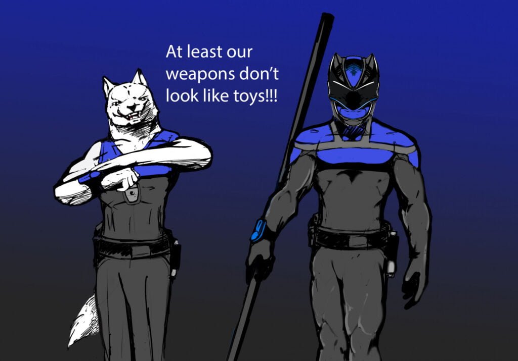 (left) White wolf humanoid character wearing Dark grey with blue color on top sleeveless shirt raise arm to ready to morph with utility belt around his waist dark grey pants (right) same colors as image on left full armor head to toes helmet blue face around the mouth area with a blue V shape between the wolf like ears. black V shape visor wraps around where the eyes are to the back of head